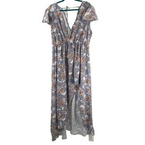 BLOOMCHIC 16 1X Plus Gray Floral Surplice Neck Elastic Waist Maxi Dress NWT b76